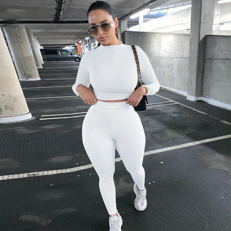 

Casual Sport 2 Piece Set Women 2021 Spring Sexy Bodycon Crop Top Pants Set O Neck Long Sleeve Solid Tracksuit Workout Clothes