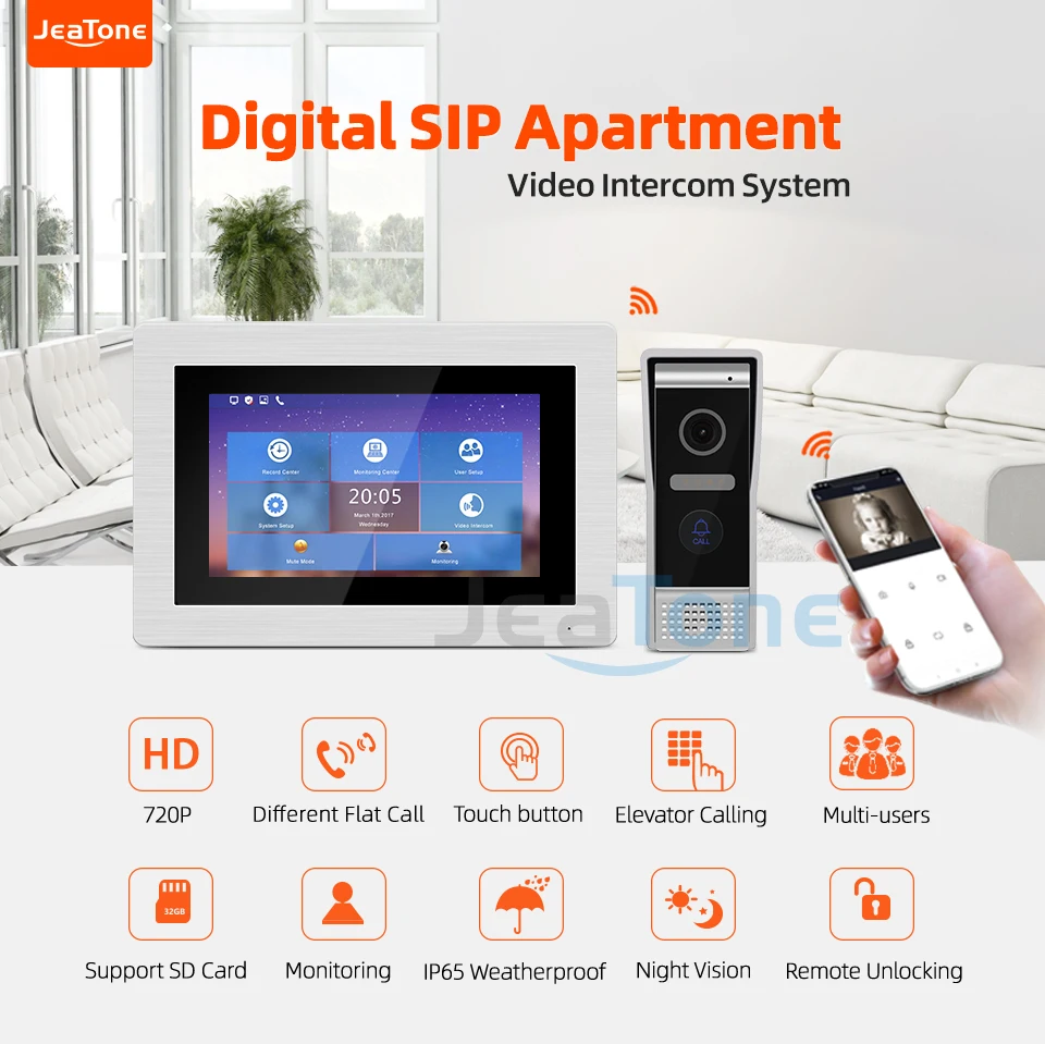 Jeatone Tuya smart 7 inch WIFI IP indoor Monitor for villa Video intercom home security AHD/720P Screen Hands-free 8770987203 enlarge