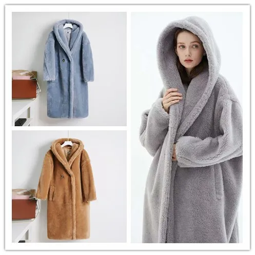 

Teddy bear cashmere coat women's medium length autumn winter 2021 new thickened hooded grey tweed coat