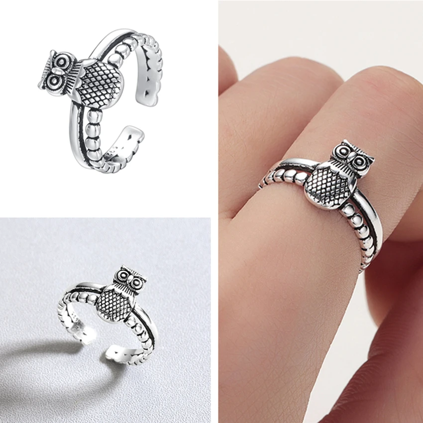 

Kinitial Fashion Jewelry Retro Owl Ring Resizable Bird Finger Rings Personality Design Animal Metal Men Women Gift bague femme