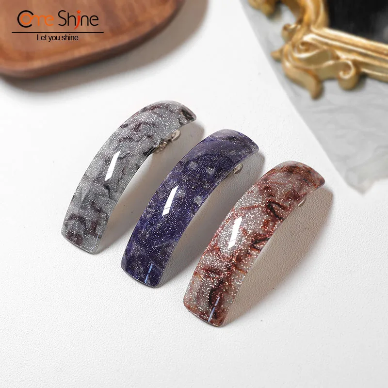 Come Shine 3 Pieces Set Glitter Retro Large Hair Barrettes Rectangular French Automatic Acrylic Hair Clips for Women Thick Hair