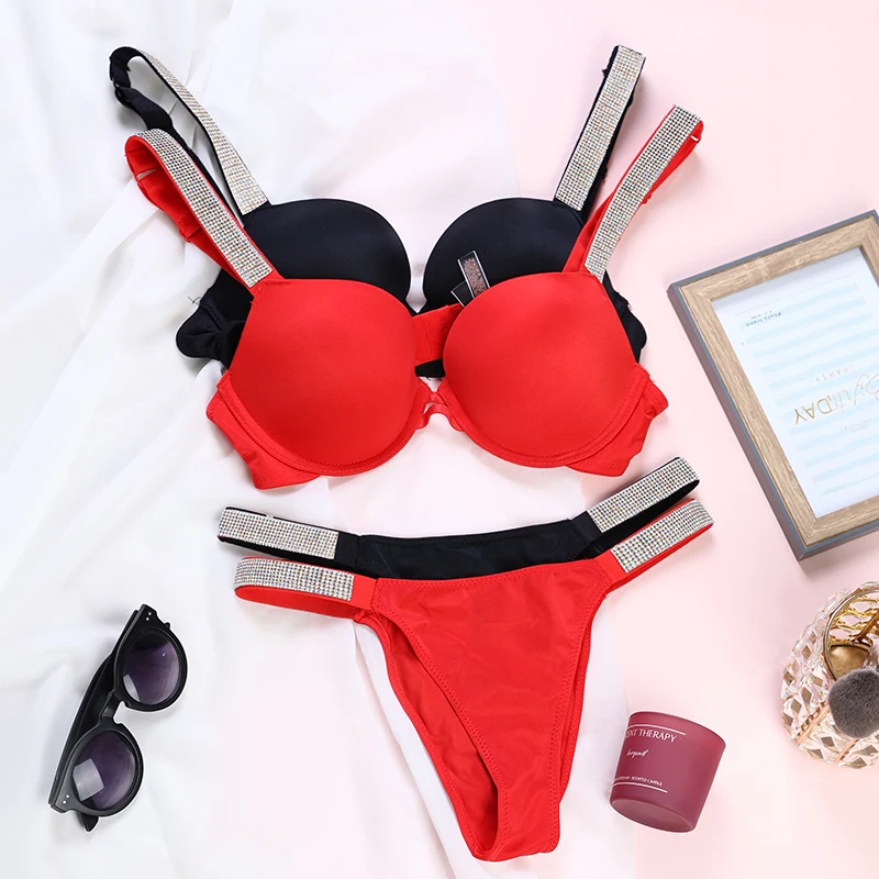 

Sexy Secret Women Underwear Thong Letters Rhinestones Bikini Bra Set 2 Pieces Push Up Adjustable Lingerie Sets Party Essentials