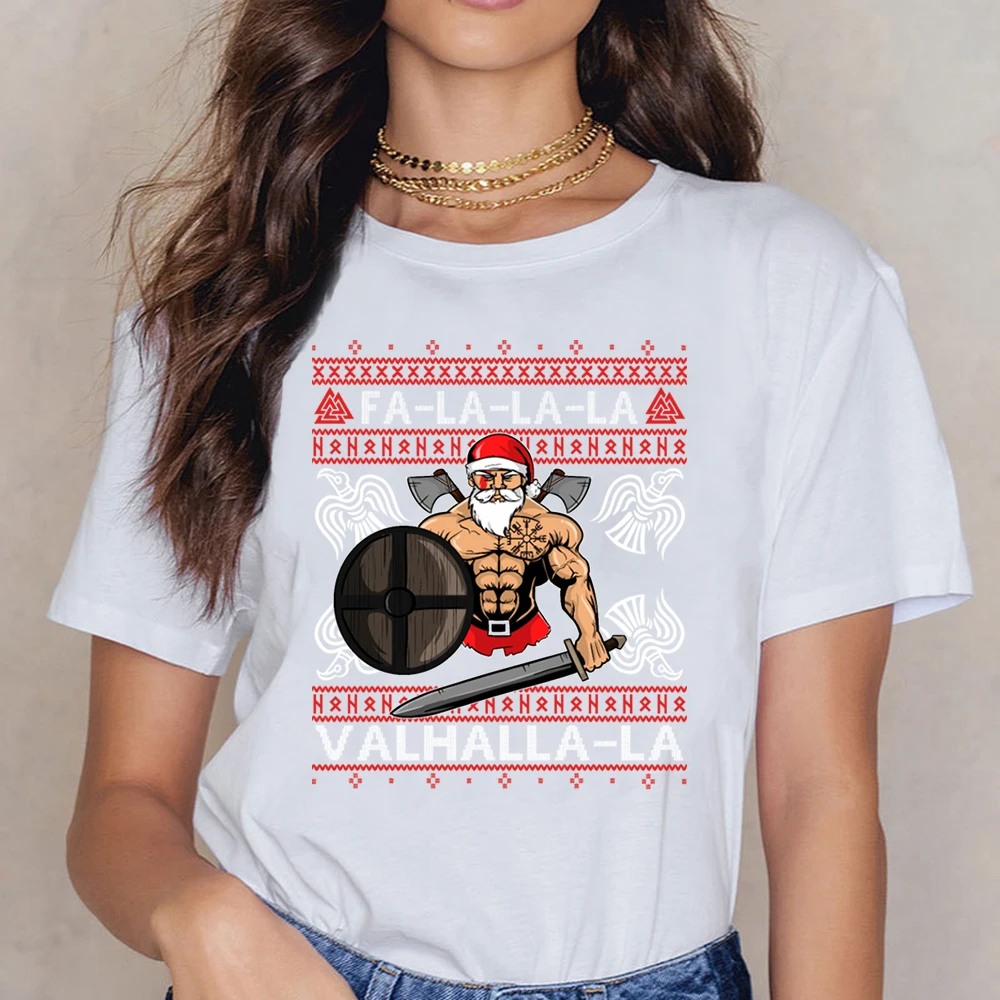 

Tops T Shirt Women Fa La La La Valhalla La Ugly Xmas Sweater Fashion White Short Female Shirt