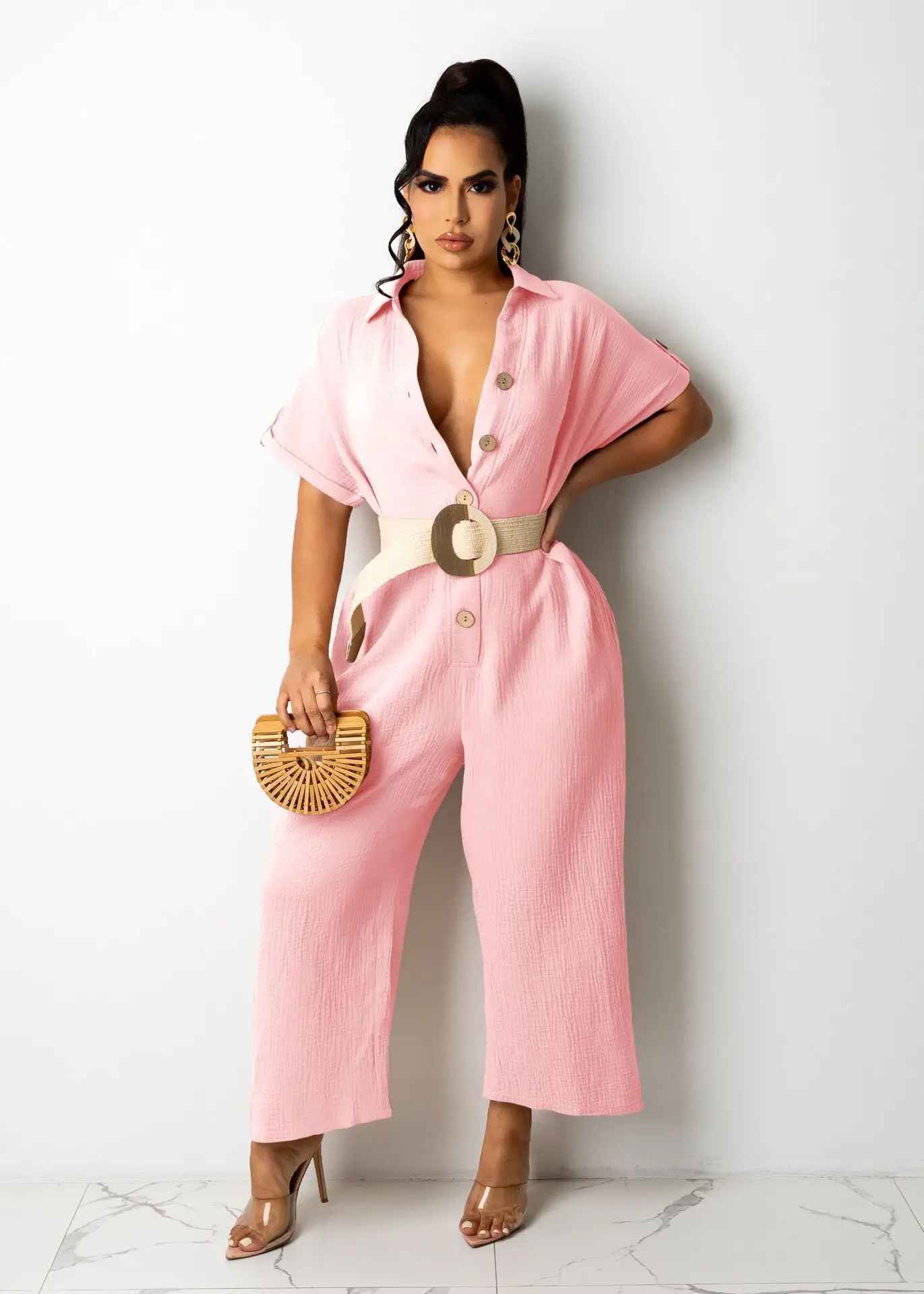 

Summer Autumn Short Sleeves Turn Down Neck Women Party Jumpsuits Fashion Office Lady Buttons Loose Straight Pants Rompers