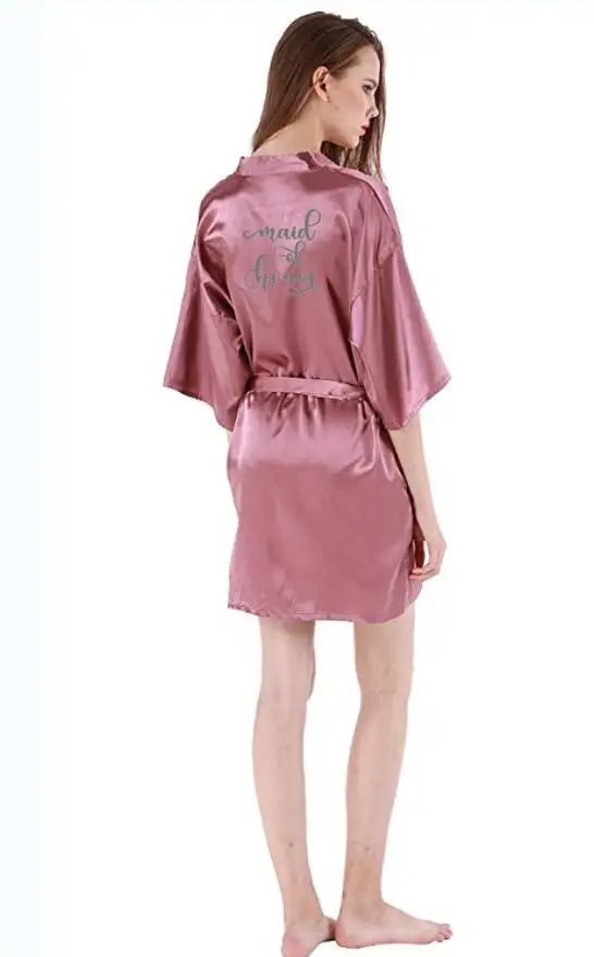 Темно-розовый халат Серебряное кимоно с буквами атласная пижама Свадебный