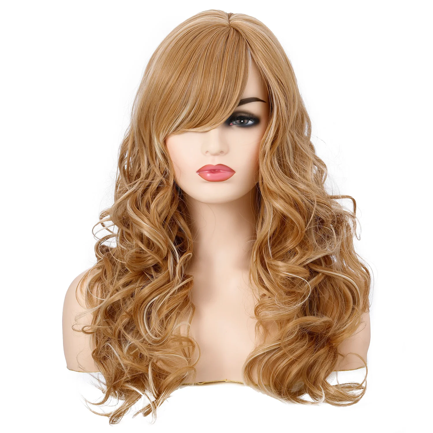 

Long Wavy Wigs for Women Synthetic Mixed Brown Middle Part Natural Wig with Bangs Daily Use Cosplay Heat Resistant Fiber Wigs
