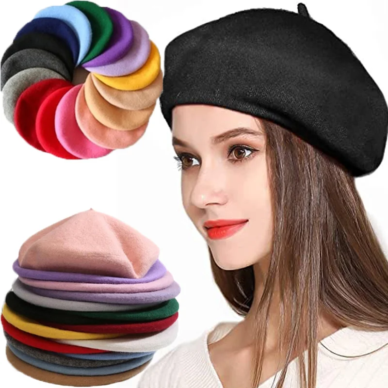 

Plain Beret Cap Beanie Hat French Style Women Girls Wool Warm Winter Hat Femme Hats Caps Street Fashion