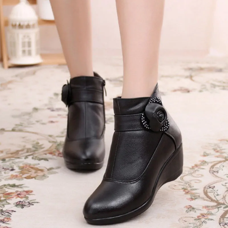 

TIMETANG New Women boots Women Genuine Leather Winter boots Warm Plush Autumn Shoes Winter Wedge shoes Woman Ankle boots