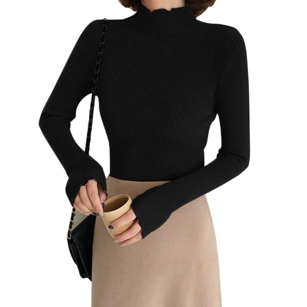 Осень-зима 2019 модный тонкий свитер для женщин водолазка с рюшами женский