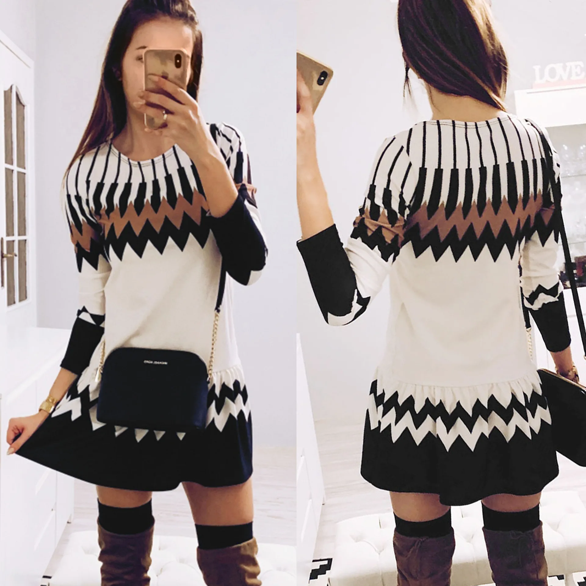 2019 осеннее и зимнее мини платье с круглым вырезом длинным рукавом геометрическим