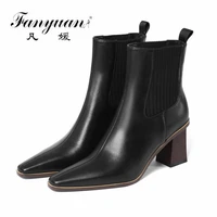 fanyuan high heels pointed toe office basic women ankle boots splicing genuine leather mature concise autumn winter shoes woman