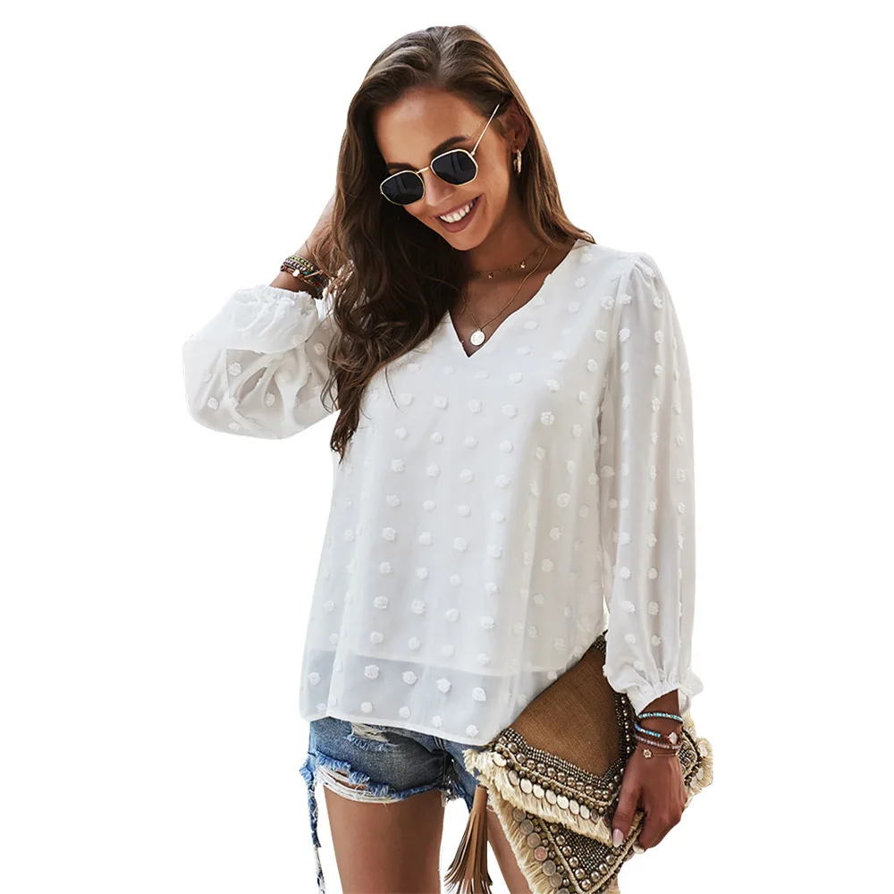 

Loose Multi-color Tops 2021 Summer Long-sleeved V-neck Raised Dot Pattern Thin Sunscreen Solid Color T-shirt Women Sexy Tops