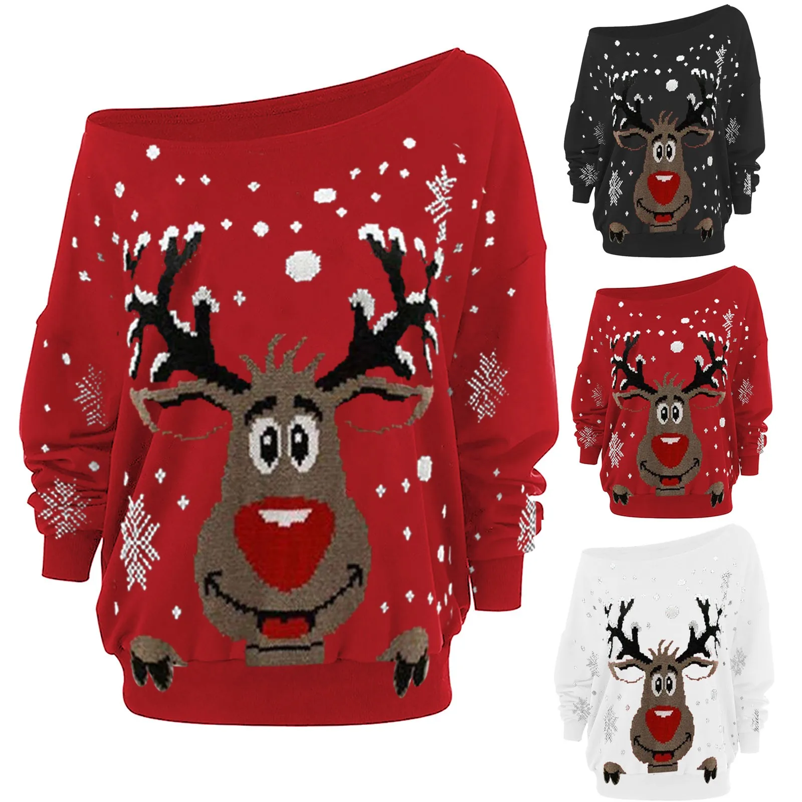 2021 Sweatshirt Women Fashion Solid Color Christmas Print Long Sleeve Long Sleeve Diagonal Collar T-shirt Top Bluza Felpa #dz