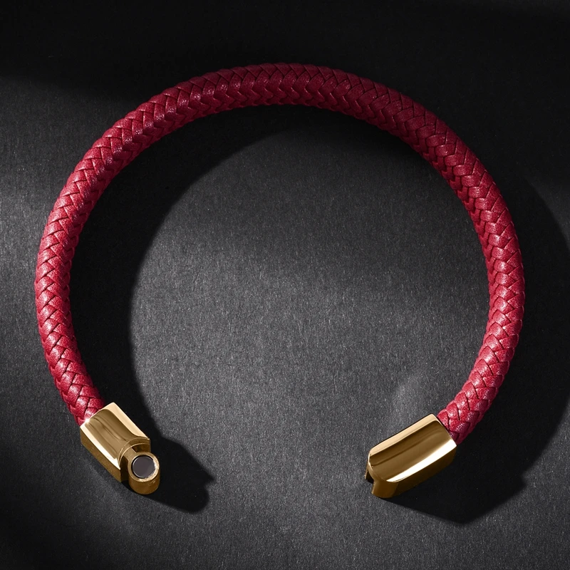 MOZO FASHION 2020 Punk Men Jewelry Red Braided Leather Bracelet Gold Stainless Steel Magnetic Clasp Fashion Women Bangles 161 | Украшения и