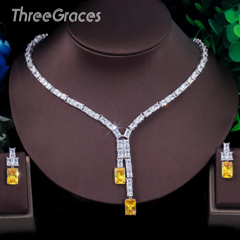 ThreeGraces Классическая квадратная желтая CZ Длинная цепочка чокер серьги свадебные