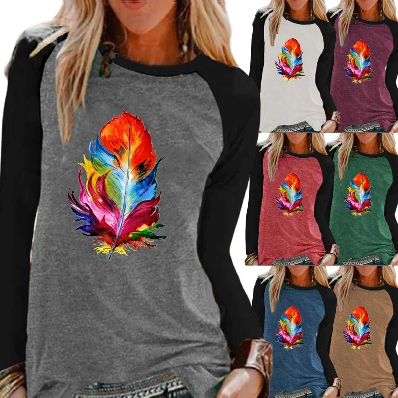

Summer Autumn Fashion Women Clothing Feather Printed Casual T-shirt Long Sleeve Tops T-shirt Ladies Round Neck Blouse Tops