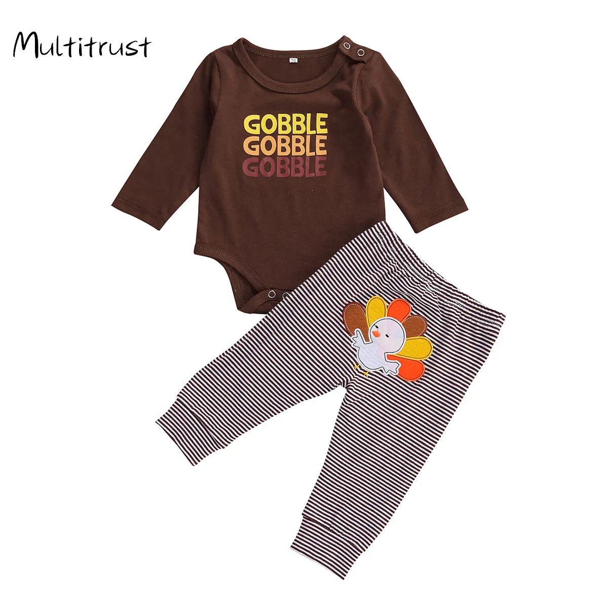 

2020 Thanksgiving Days Boys Girls Clothes Sets 0-12M Turkey Print Long Sleeve Romper Tops Striped Pants