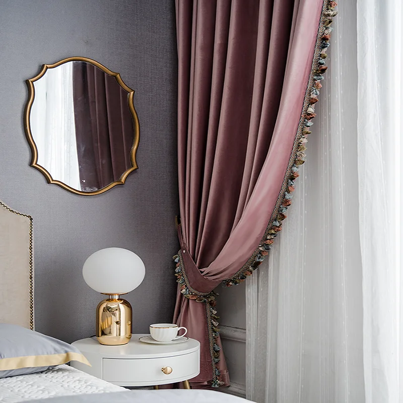 

American Light Luxury Velvet Curtains Living Room Bedroom 2021 New European-style Garden Lace Curtains Pink Morandi