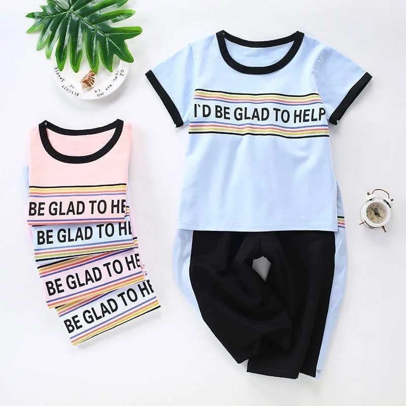 Костюм для девочек летний модный спортивный комплект одежды короткая детская