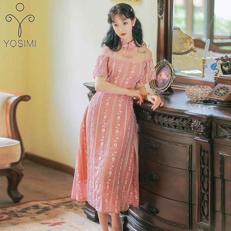 

YOSIMI Party Floral Embroidery Women Dress 2021 Summer Pink Striped Lace Short Sleeve Midi Chinese Style Cheongsam Dress Elegant