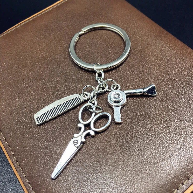 

Mini simulation hairdressing scissor hair dryer comb metal car key chain pendant super creative personal backpack accessories