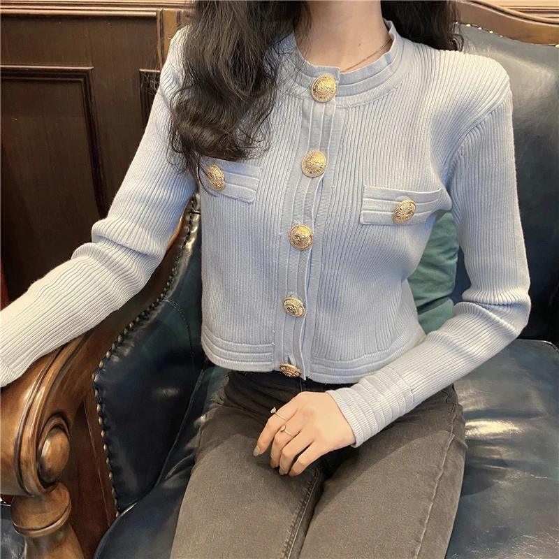 

2021 Spring Women'S Knitwear Jacket With Shoulder Pads French Retro Small Fragrance Round Neck Buttoned Long Sleeves