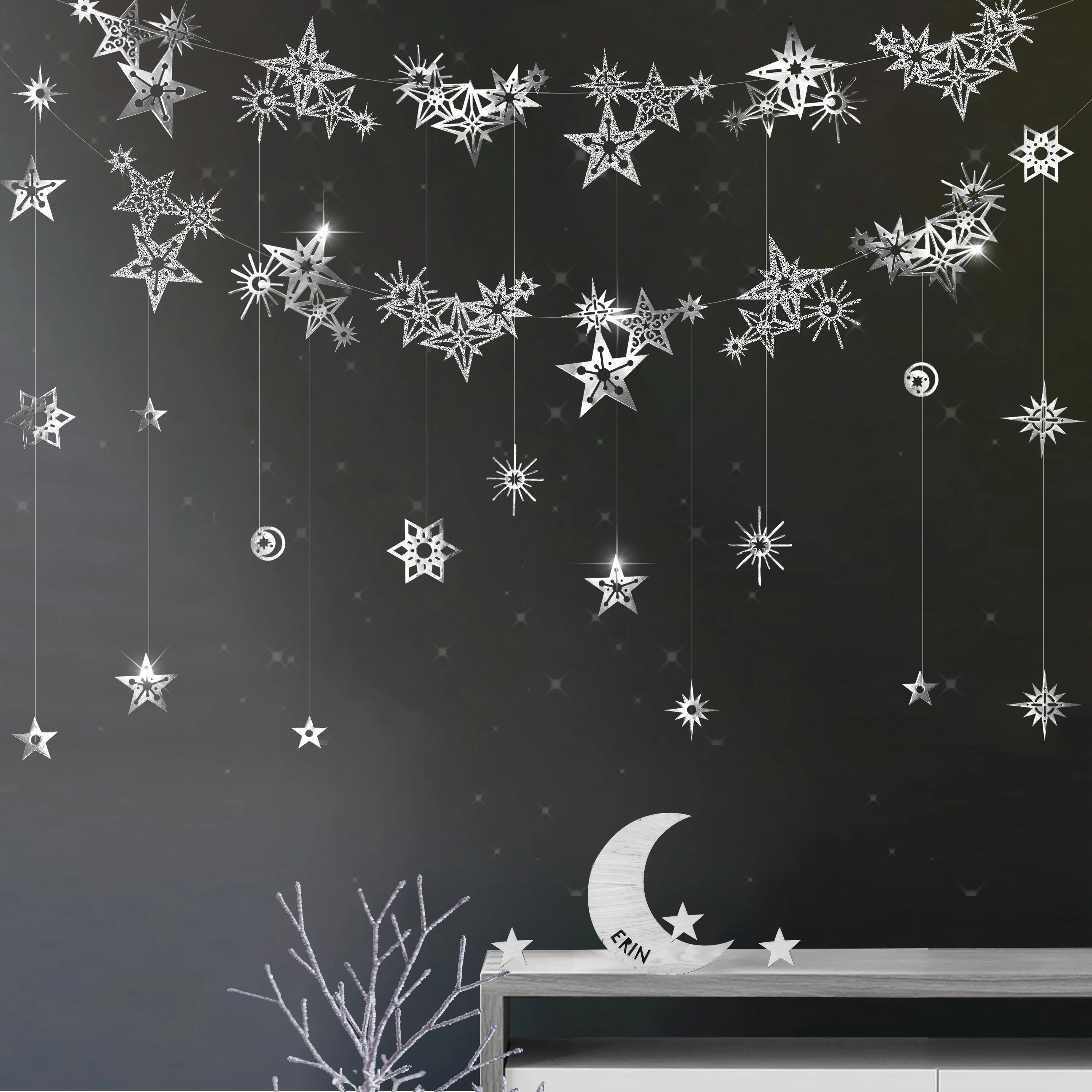 

2Pc Silver Christmas Decorations Glitter Star Shiny Garlands Decor Starry Night Backdrop Moon Hanging Birthday Ramadan Streamers