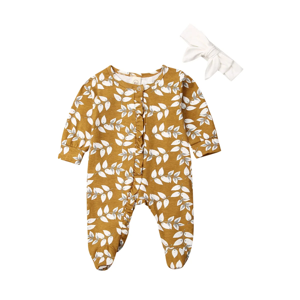 

0-6M Newborn Baby Girl Footies Fashion Sweet Flower Long sleeve Rompers Jumpsuits Headband 2pcs Cotton Ruffles Outfits Autumn