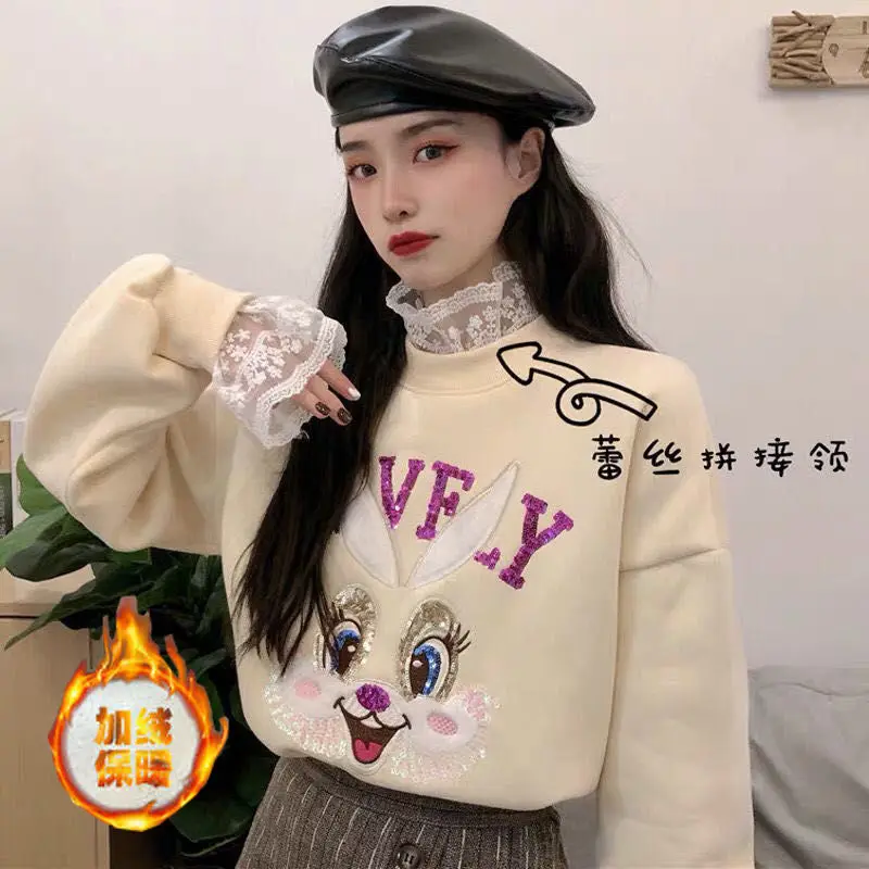 

Lace fake two-piece sweater women's spring and autumn new top fashion Korean loose Sequin autumn and winter Plush bottom coat
