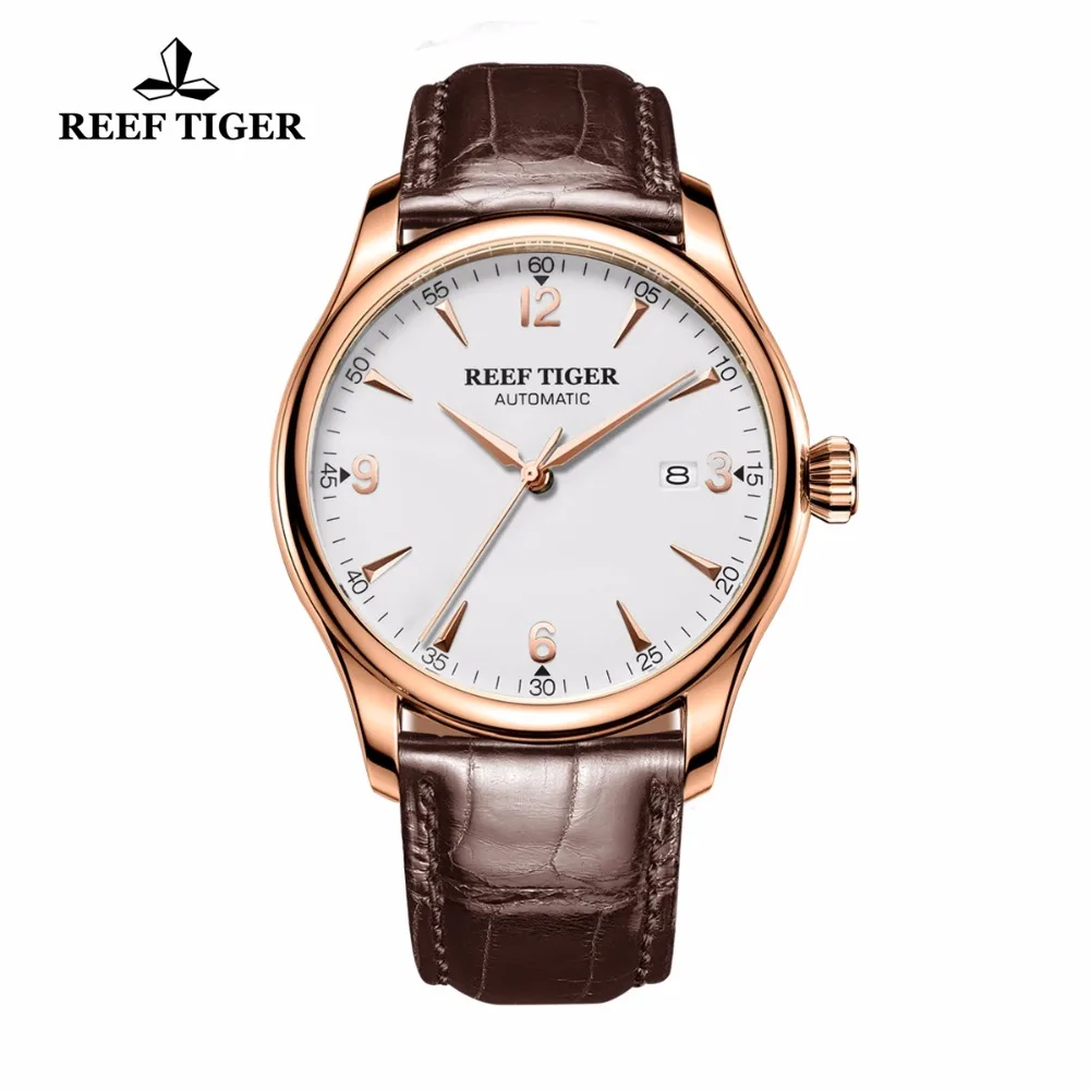 

Reef Tiger/RT New Dress Automatic Watches For Men Rose Gold Leather Strap Analog Display Watch RGA823G