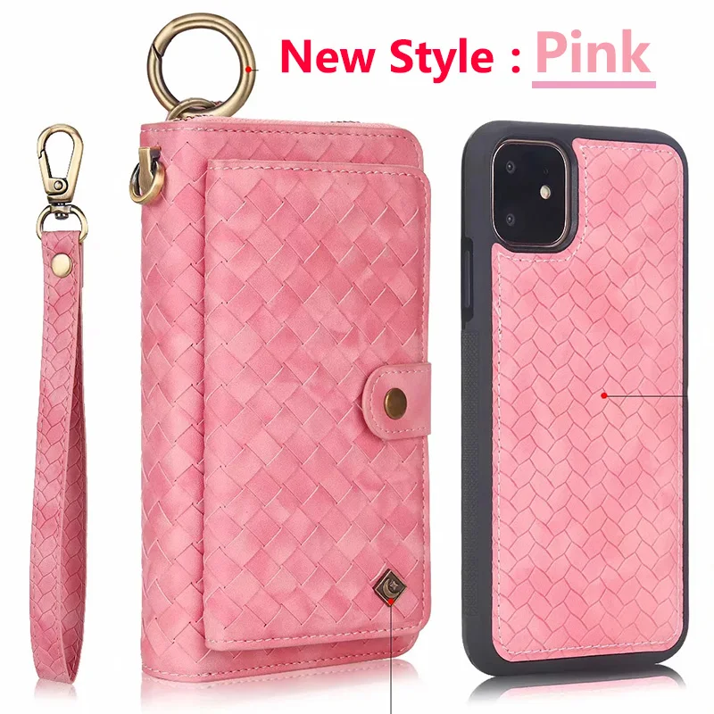 Брендовый чехол Rosefy для iPhone 6S 7 8 Plus Xs съемный кошелек на молнии тканый кожаный чехол+ закаленное стекло - Цвет: New Style Pink