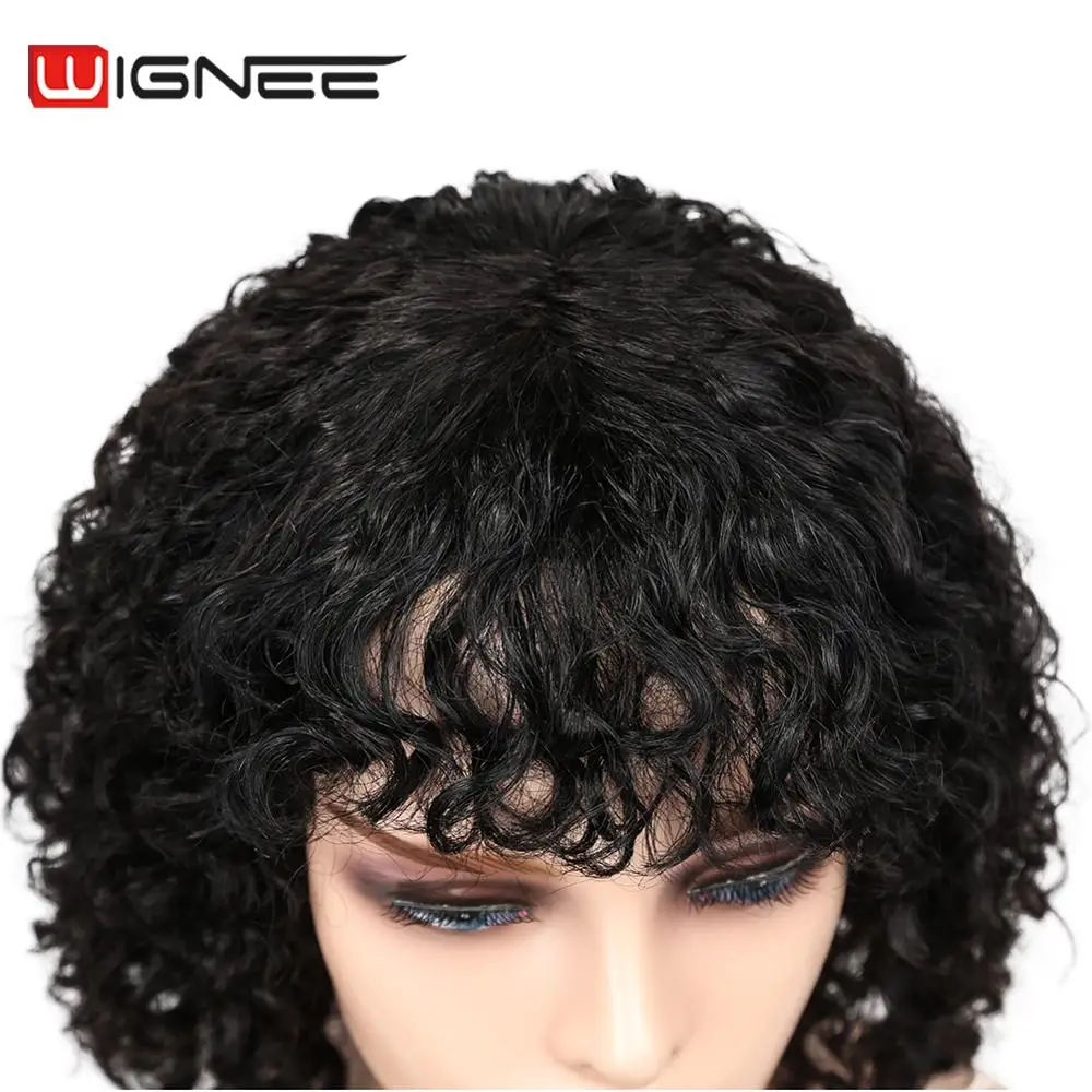 

Wignee Curly Bob Wig Deep Wave Curly Wig with Bangs Brazilian Afro Short Human Wig 150%Density Natural Black Wig for Black Women