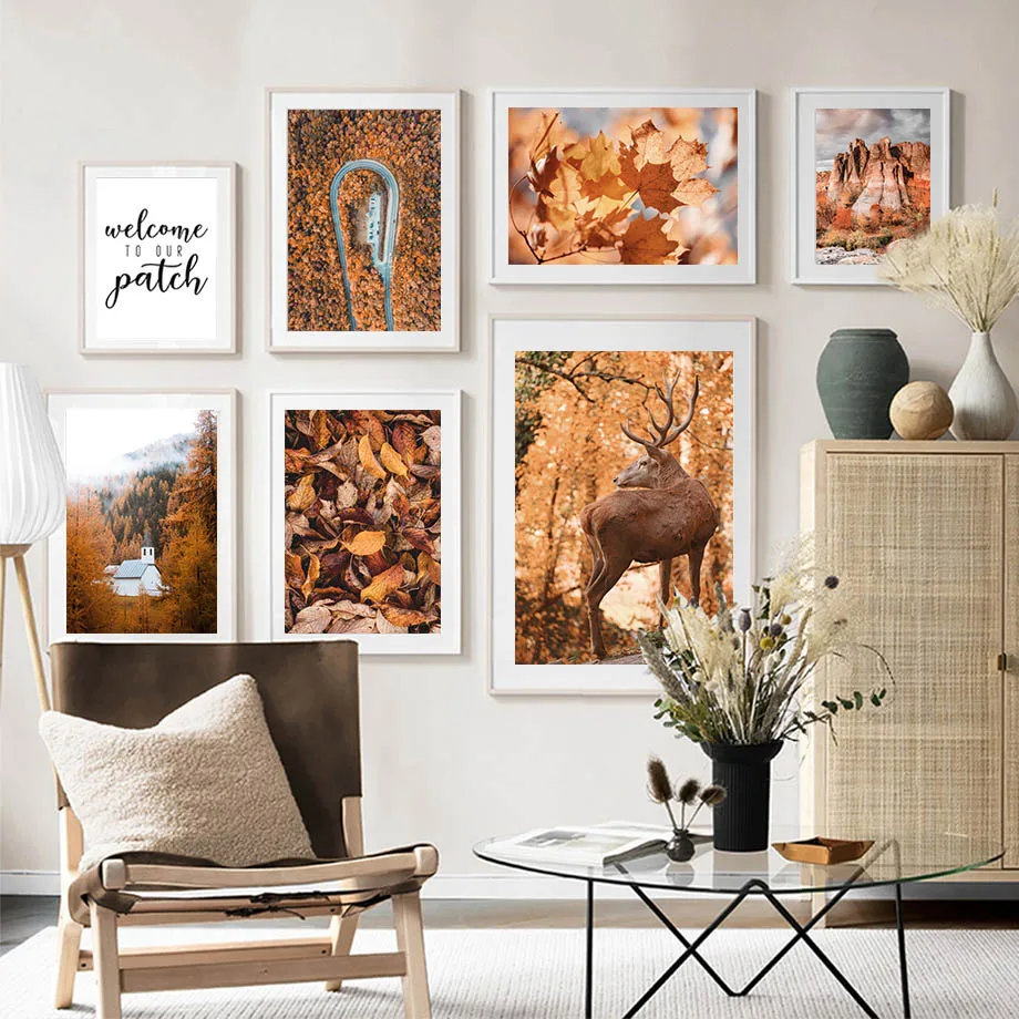 

Autumn Forest Leaf Horse Deer Bridge Road Wall Art Canvas Painting Nordic Posters And Prints Wall Pictures For Living Room Decor