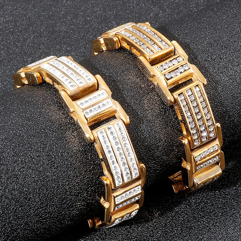 

European and American fashion jewelry gold diamond men's bracelet 316L stainless steel punk bracelet