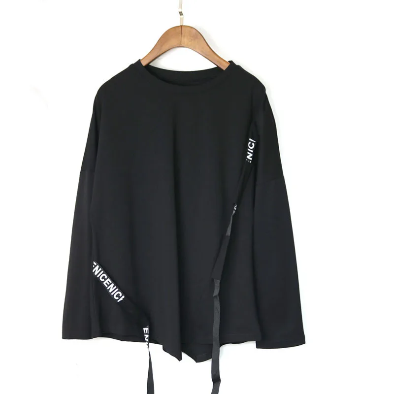 black GCC2242 XITAO Асимметричная черная футболка с лентой женская футболка с длинным рукавом плюс размер Модная женская одежда осень новые женские топы GCC2242 - Цвет: black GCC2242