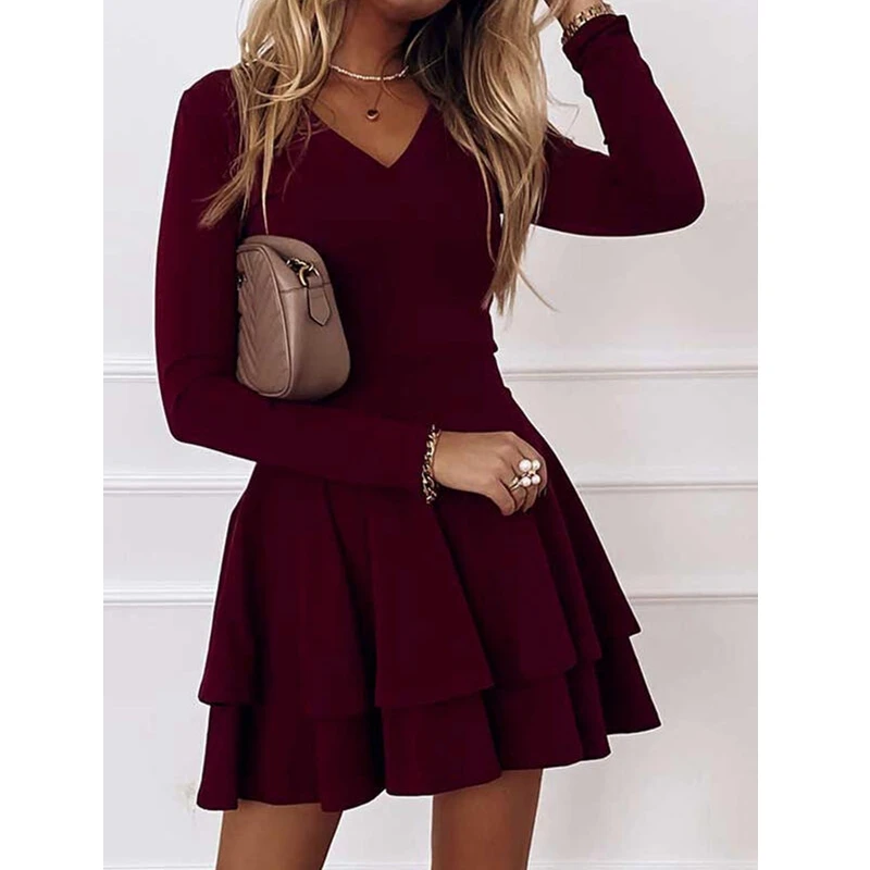 

Mandylandy Dress Women's Slim-Fit Solid Color Stitching Dress Summer Casual Long-Sleeved V-neck High Waist Ruffles Pleated Dress
