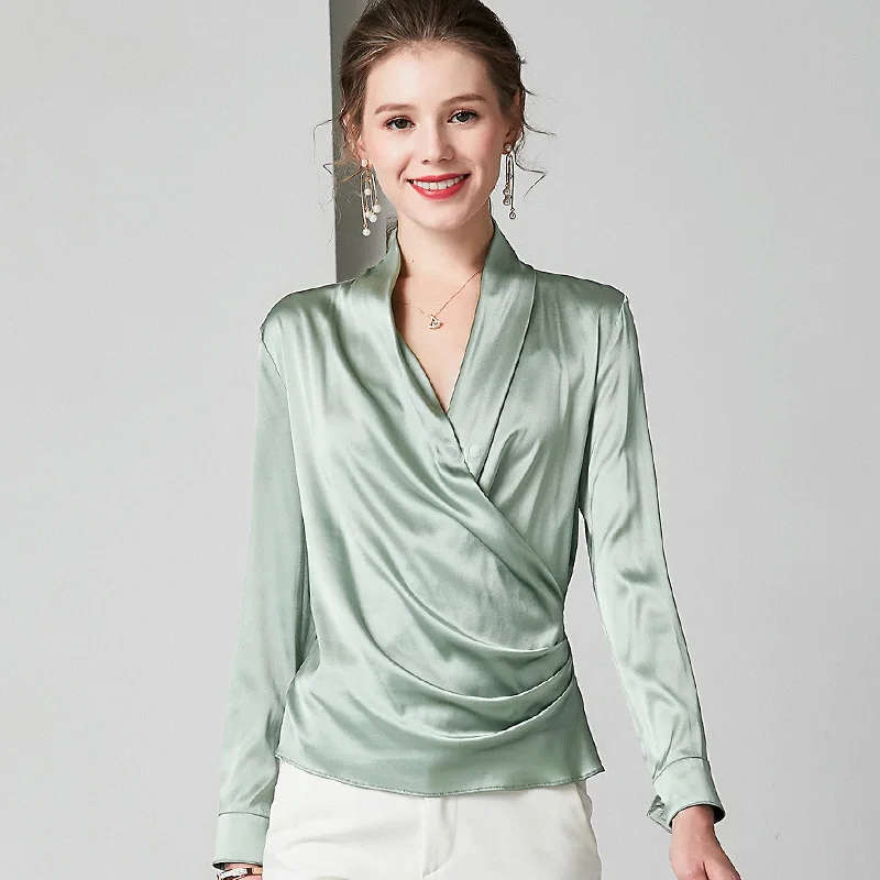 golden pure silk blouse for women high quality long sleeve 4XL plus size casual sexy office dress shirts luxury dropshipping