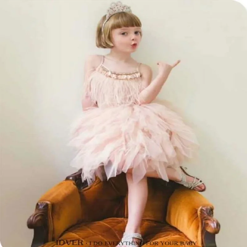 Party Dress for Girl Feather Sleeveless Beading Evening Elelgant Children Bithday Tutu Baby Girls Kids Vestidos 2021 | Детская одежда и