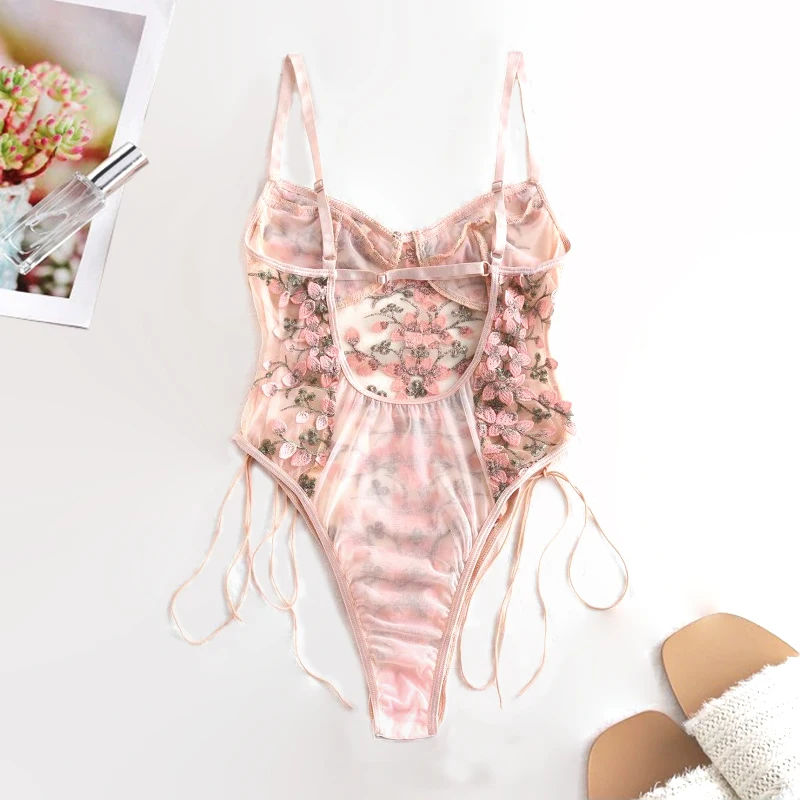 Women Teddy lingerie Sexy Underwear Erotic Corset Lace Mesh Sleepwear Nightwear  Embroidered strap one-piece sexy pajamas
