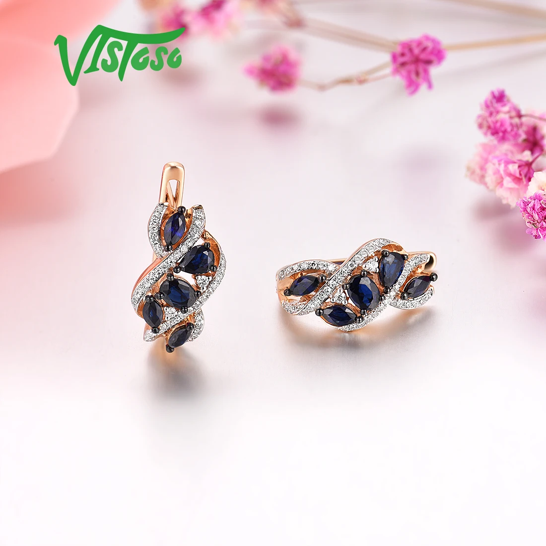 Женские Золотые сережки с сапфирами VISTOSO розовое золото 14 к 585 пробы со