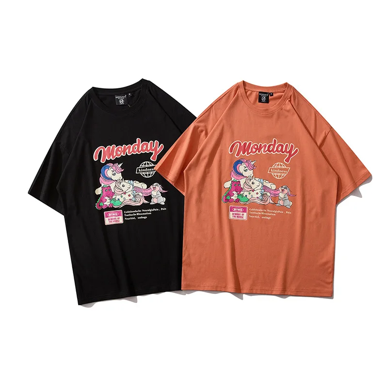 

Dropshipping Harajuku Cartoon Print Short Sleeve Tees Shirts Couple Streetwear Tops Hip Hop Casual Loose 100% Cotton Tshirts Men