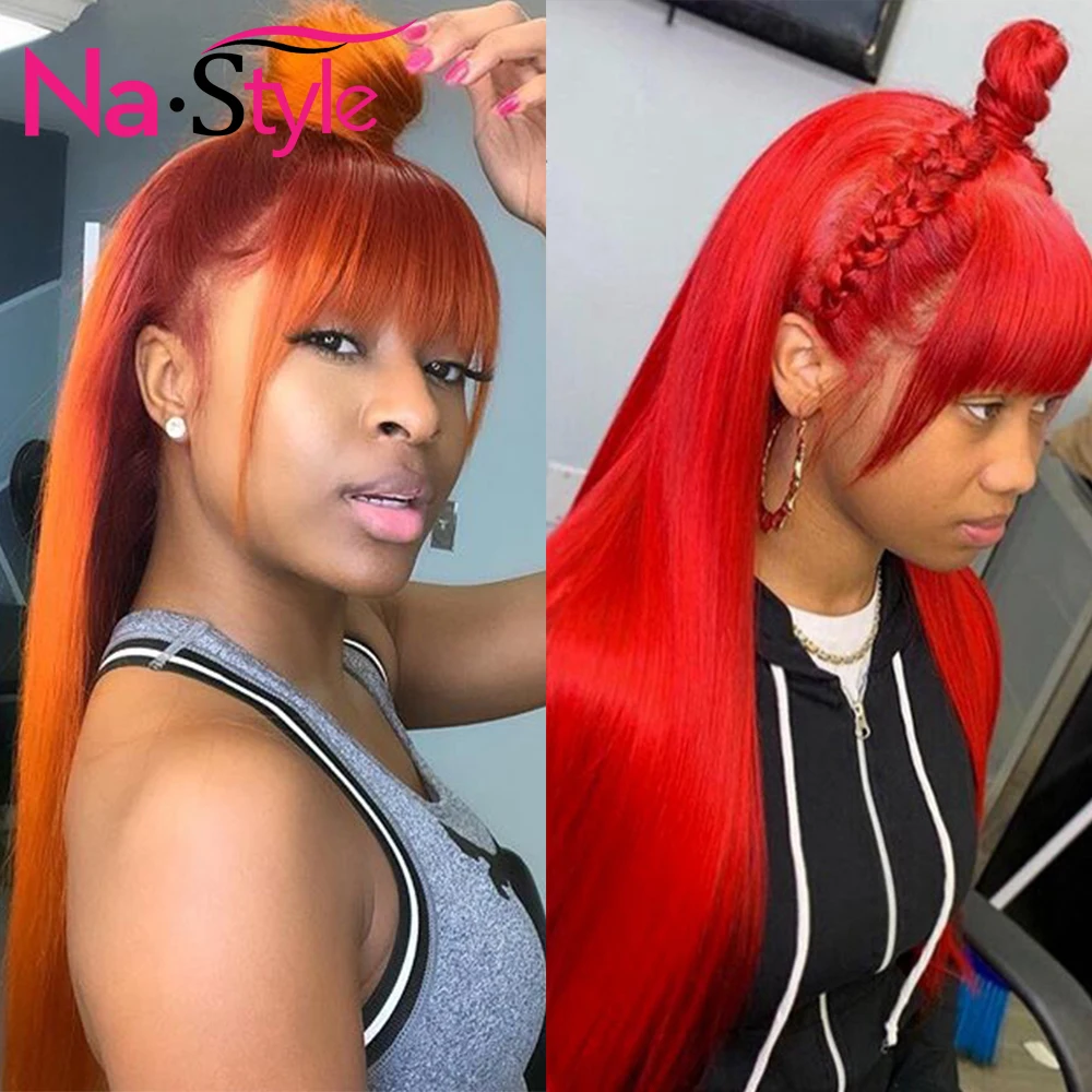 Парики из натуральных волос на кружевной фронте оранжевого цвета прямые красные
