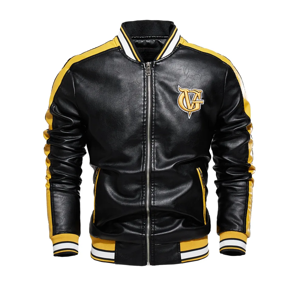 

Fashion Color Matching Men's Jacket PU Coat Handsome Stand Collar Motorcycle Clothes Male Autumn Winter Plus Velvet Leather Coat