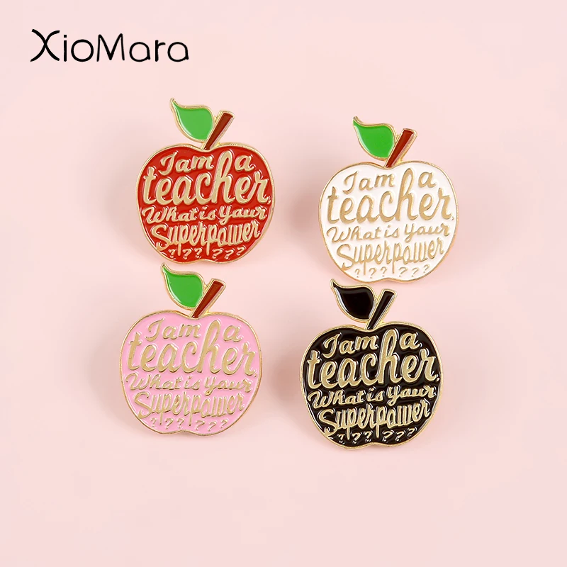 

4 Styles Apple Enamel Pins Teacher Superpower Fruit Badge Jam Jewelry Brooches Lapel Pins For Teacher Gifts