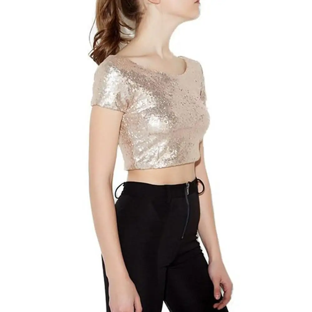 Женский однотонный пуловер с коротким рукавом и блестками круглым вырезом