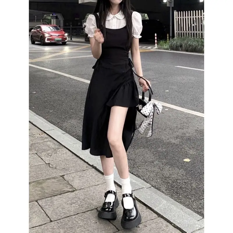 

2021 French Vintage Hepburn style black fake two piece dress women's mid summer long short irregular split skirt