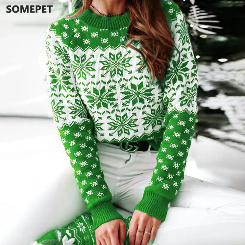 

Christmas Snowflake Printed Women Winter Sweater Casual O-Neck Knitted Pullover Tops Fashion Plus Size Long Sleeve Warm Sweaters