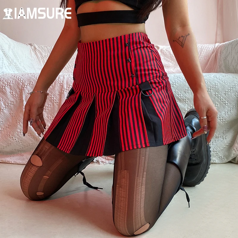 

IAMSURE Preppy Style Goth High Waist Pleated Mini Skirts Dark Striped Skirt 2021 New Fashion Sexy Casual Streetwear Harajuku