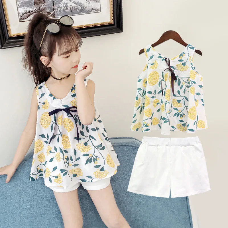 

2pcsKids Dress Summer Girl Flower Print Bowknot Back Straps Princess Dress Children Sleeveless Cotton Dresses Baby Girls Clothes