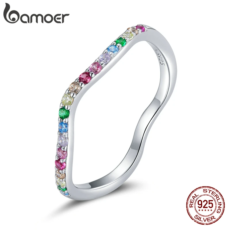 

bamoer Rainbow Bridge 925 Sterling Silver Wave Finger Rings for Women Colorful CZ Paved Engagement Wedding Jewelry SCR705